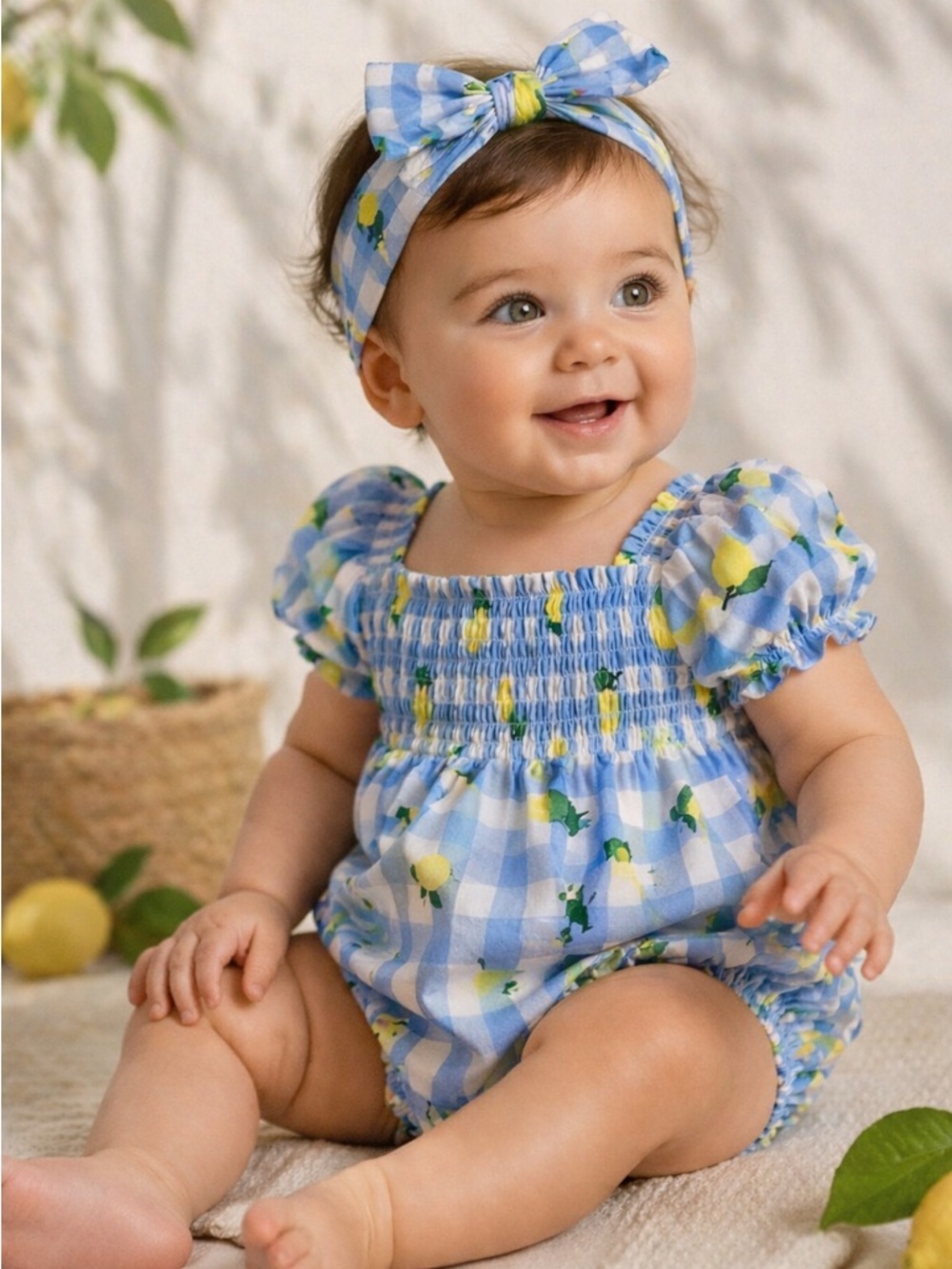 NWOT Janie and Jack Lemon Gingham Romper + Headband Set (6–12M)